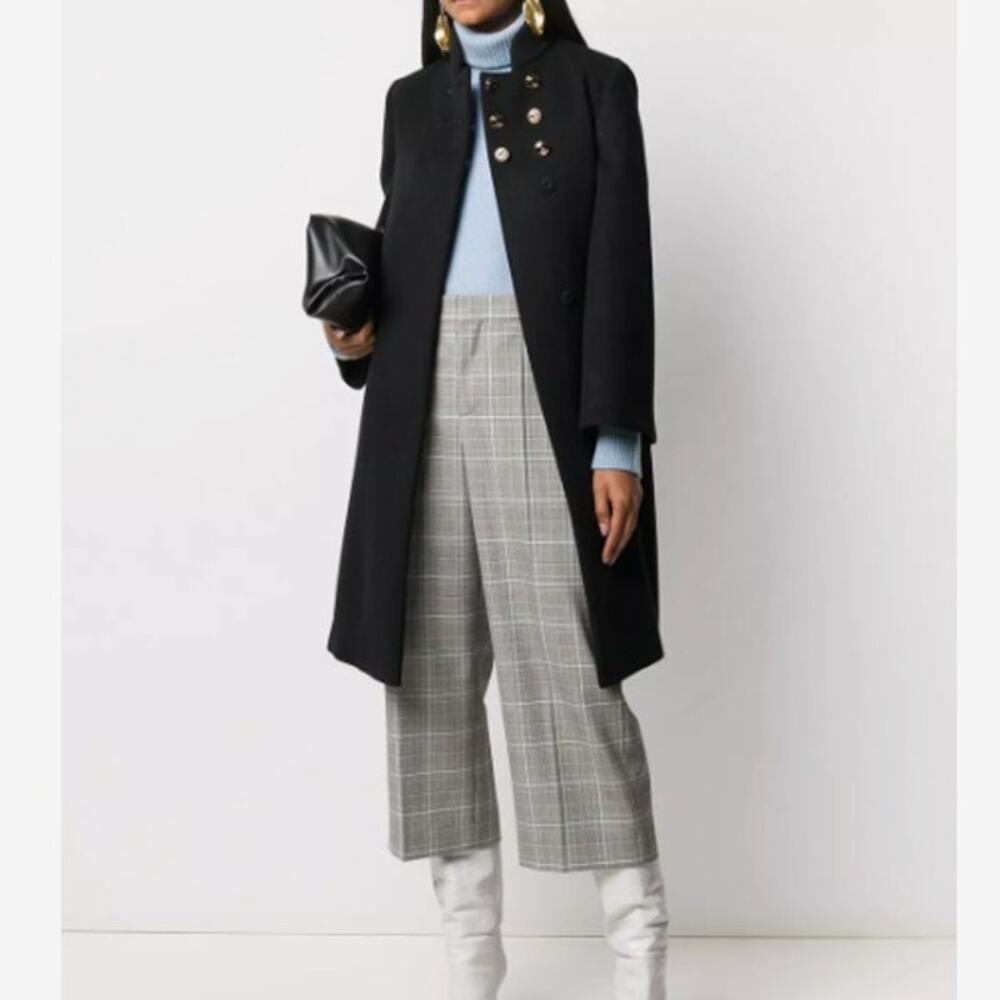 Givenchy Black Coat with Light Blue Sweater and Gray Plaid Culottes